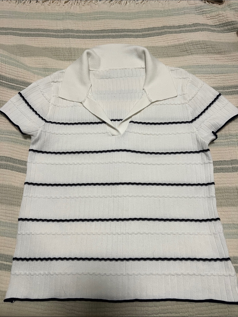 White Short-Sleeve Knit Polo Tee with Black Stripes